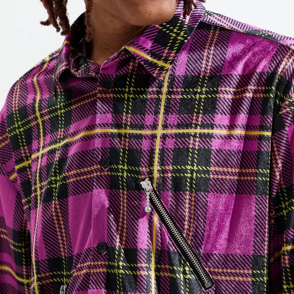 URBAN OUTFITTERS | NWOT | Plaid Zipper Long Sleeve Velour Button-Down Shirt - Picture 3 of 10